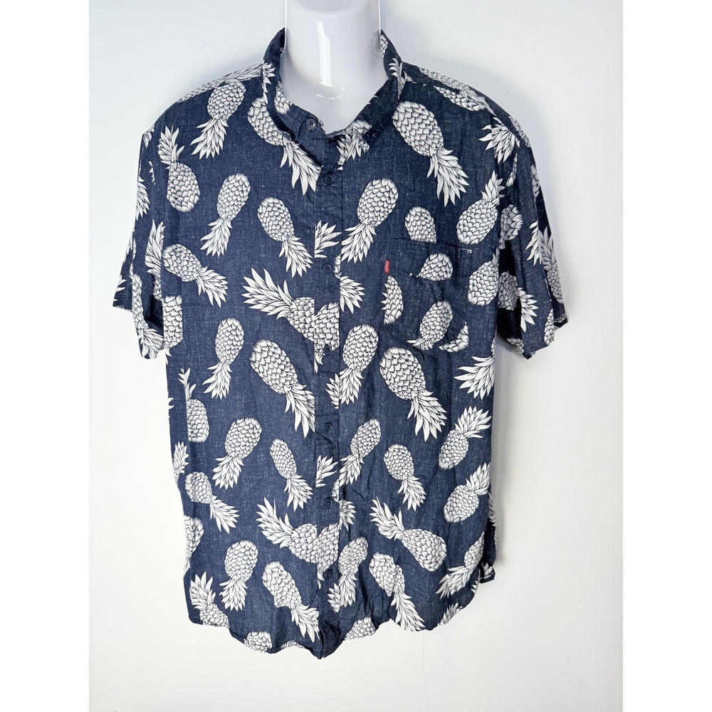 Levis Mens Navy Blue White Pineapple Print Front Pocket Short Sleeve Shirt XXL